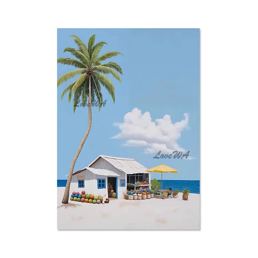 Abstract Seascape Small House Oil Paintings No Framed Beautiful Scenery Canvas Picture, High Quality Acrylic Art Wall Decoration